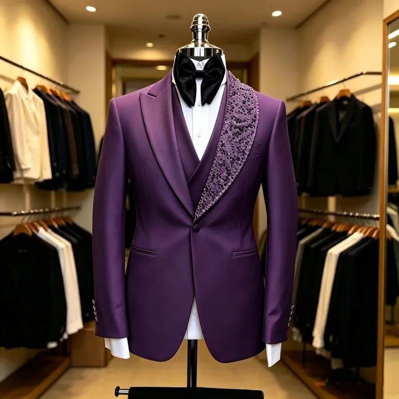 Beaded 3-Piece Groom Tuxedo — Slim Fit Wedding Suit - Luzilly Bridal & Apparel
