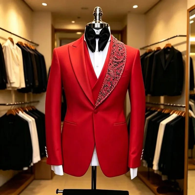 Beaded 3-Piece Groom Tuxedo — Slim Fit Wedding Suit - Luzilly Bridal & Apparel