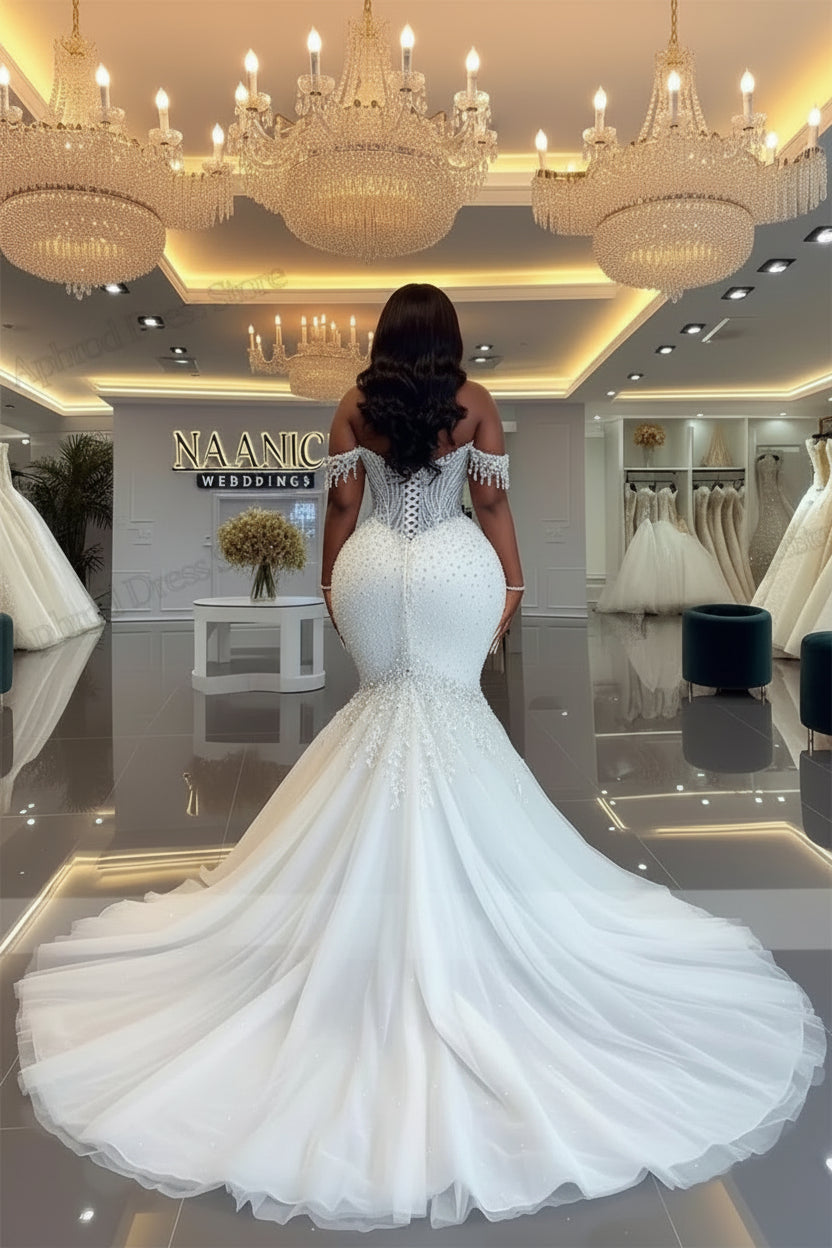 Beaded Applique Tiered Mermaid Wedding Dress - Luzilly Bridal & Apparel