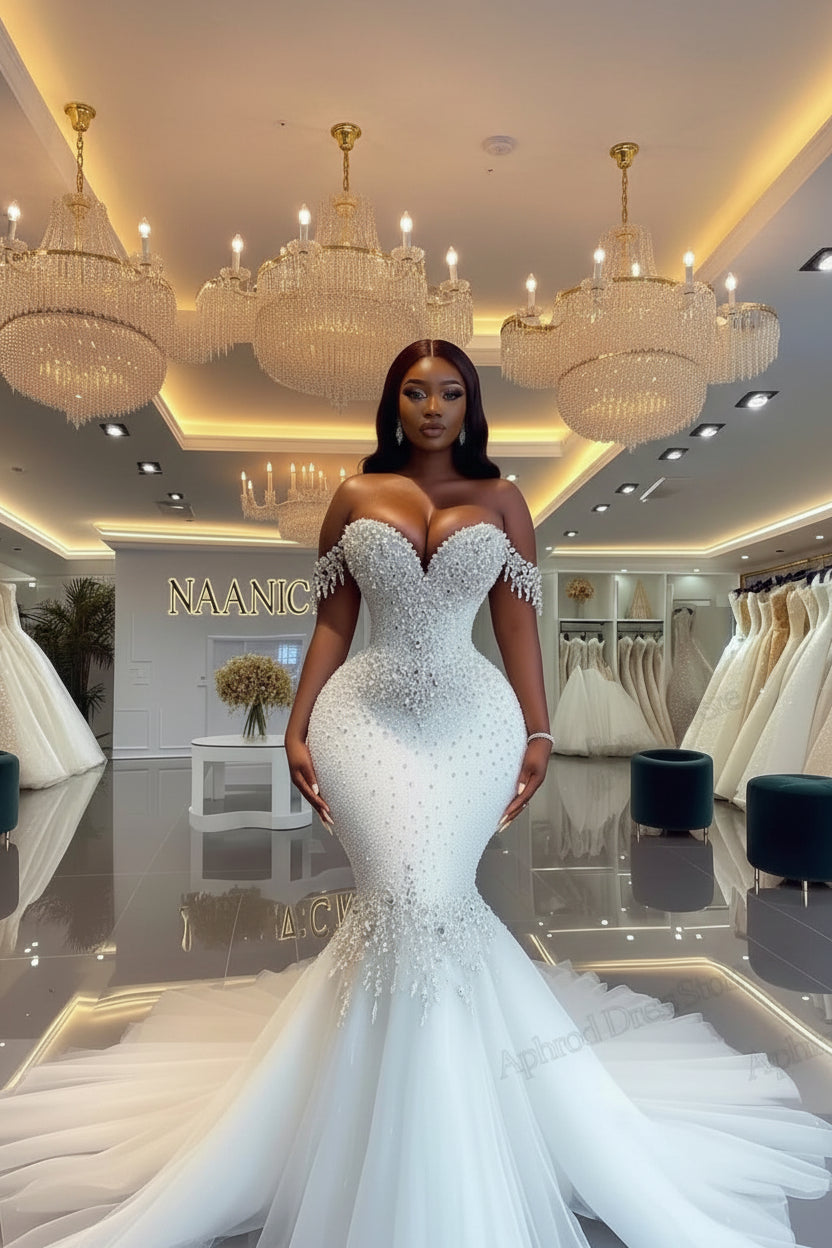 Beaded Applique Tiered Mermaid Wedding Dress - Luzilly Bridal & Apparel