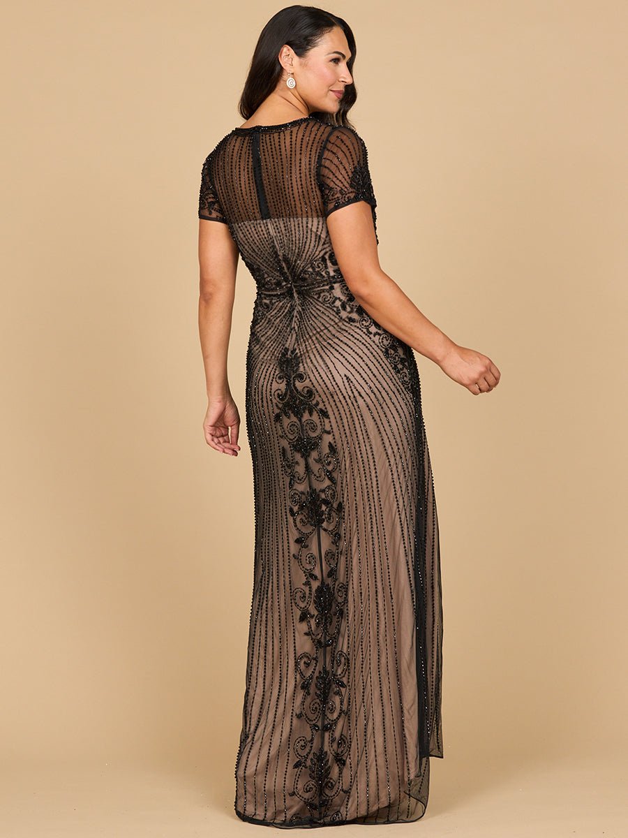 Beaded Cap Sleeve Illusion Plunge Gown | Lara 28869 - Luzilly Bridal & Apparel