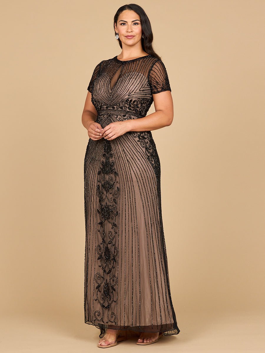 Beaded Cap Sleeve Illusion Plunge Gown | Lara 28869 - Luzilly Bridal & Apparel