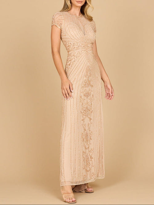 Beaded Cap Sleeve Illusion Plunge Gown | Lara 28869 - Luzilly Bridal & Apparel