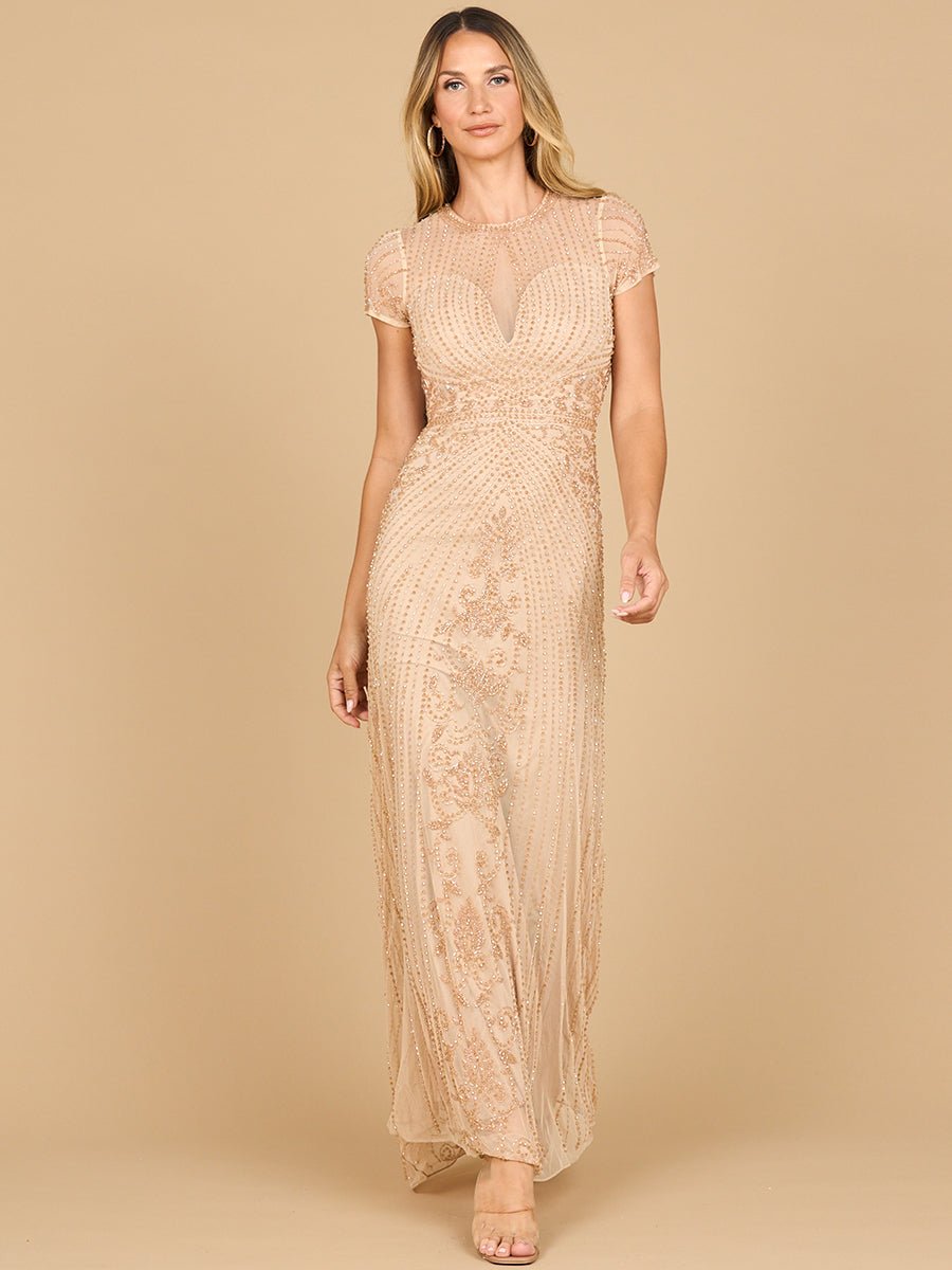 Beaded Cap Sleeve Illusion Plunge Gown | Lara 28869 - Luzilly Bridal & Apparel
