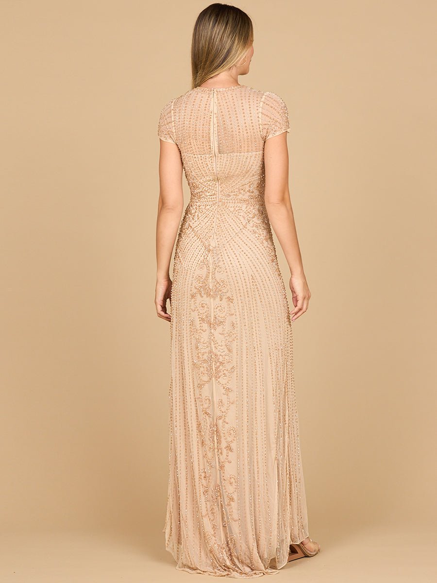 Beaded Cap Sleeve Illusion Plunge Gown | Lara 28869 - Luzilly Bridal & Apparel