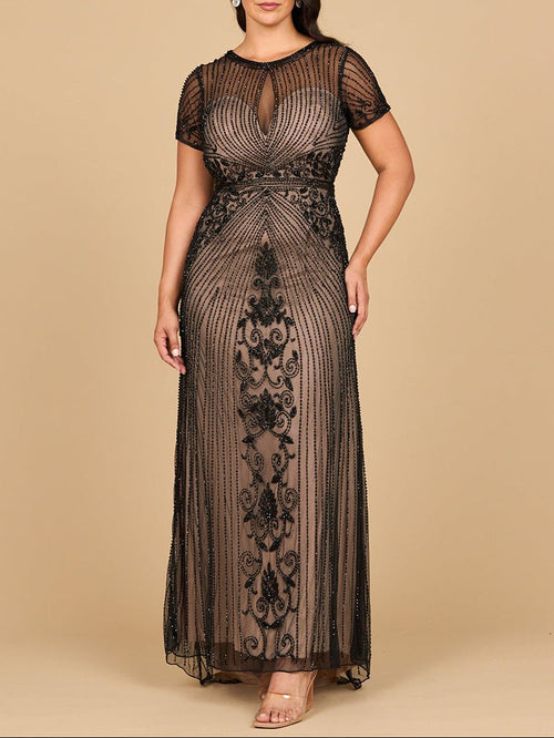 Beaded Cap Sleeve Illusion Plunge Gown | Lara 28869 - Luzilly Bridal & Apparel