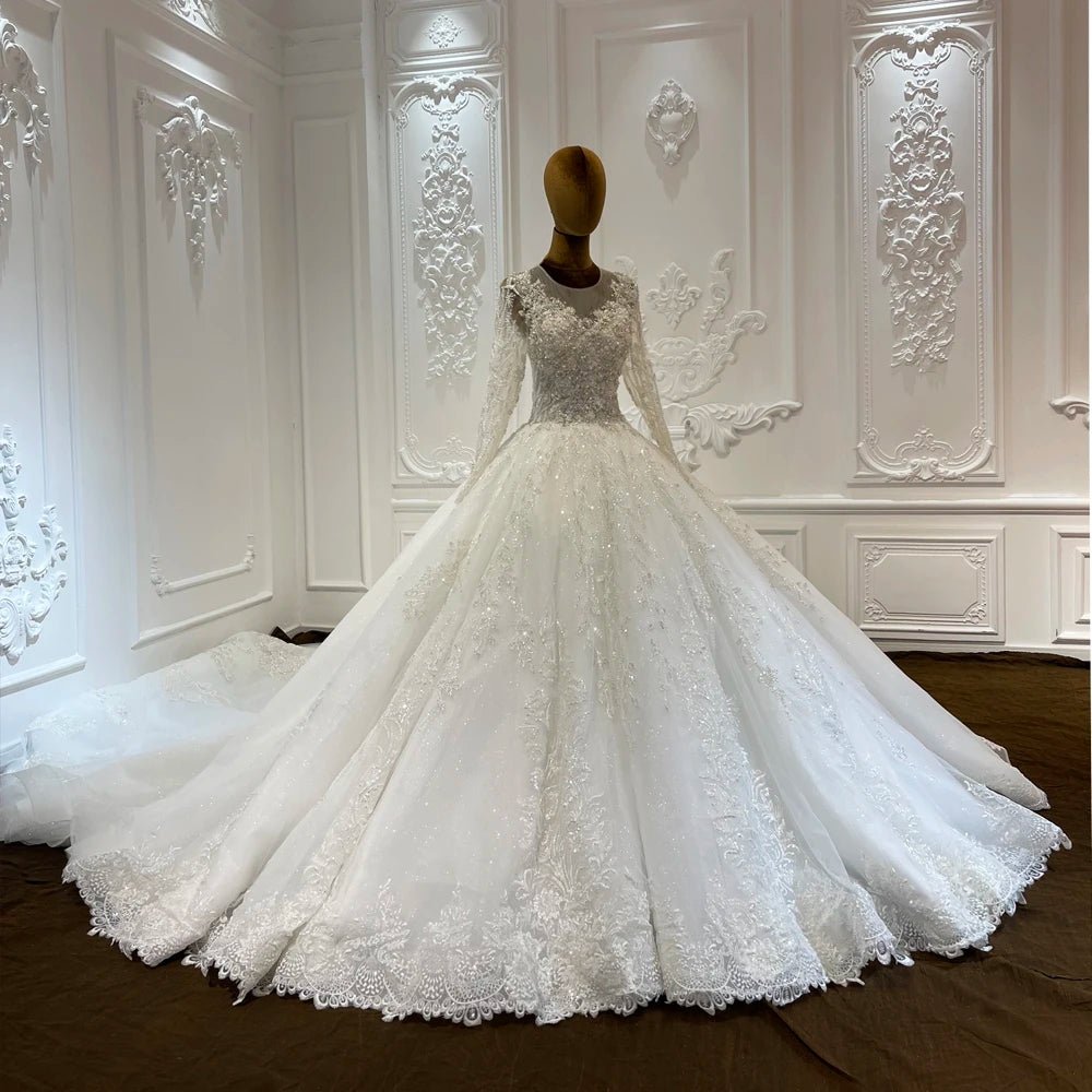 Beaded Floral Ball Gown Wedding Dress with Puff Sleeves and Cathedral Train - Luzilly Bridal & Apparel
