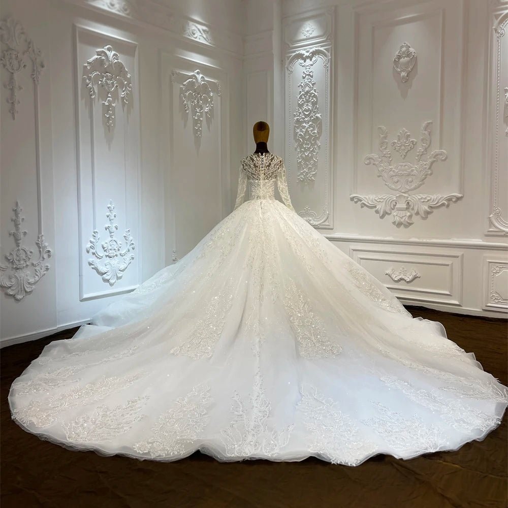 Beaded Floral Ball Gown Wedding Dress with Puff Sleeves and Cathedral Train - Luzilly Bridal & Apparel