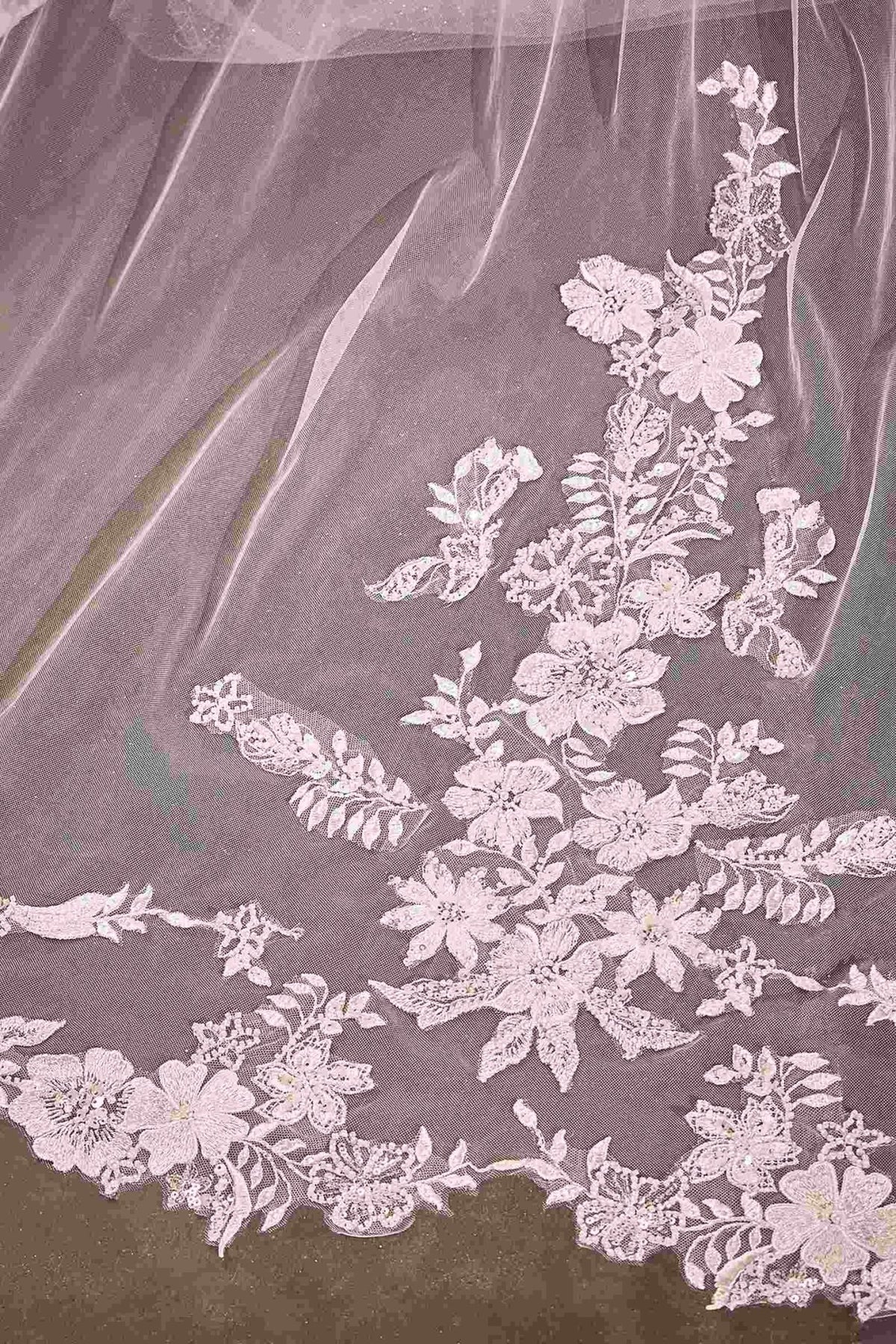 Beaded Floral Edge Chapel Veil - Luzilly Bridal & Apparel