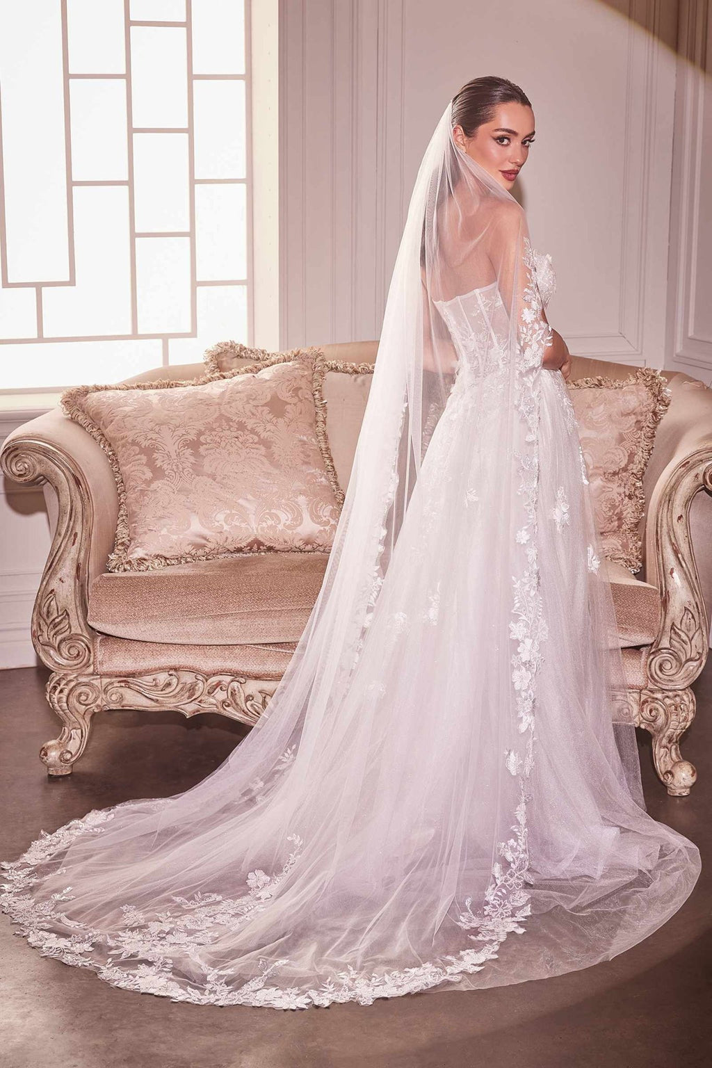 Beaded Floral Edge Chapel Veil - Luzilly Bridal & Apparel