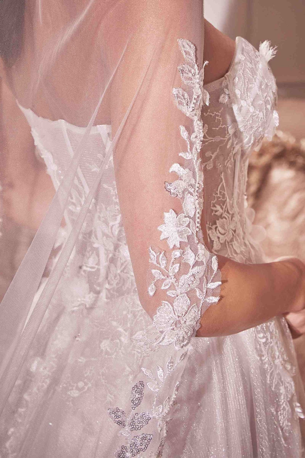 Beaded Floral Edge Chapel Veil - Luzilly Bridal & Apparel