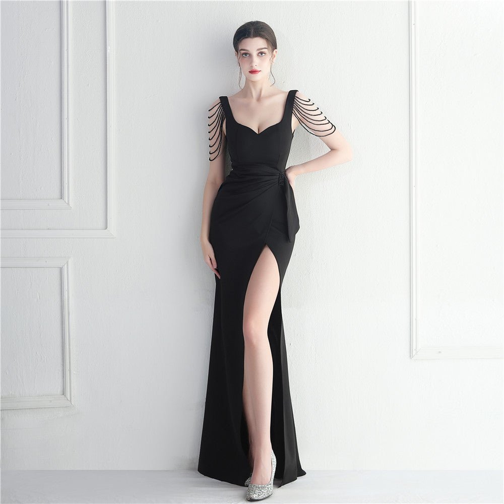 Beaded Fringe Slit Bridesmaid Dress - Luzilly Bridal & Apparel