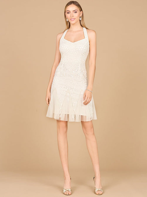 Beaded Halter Neck Bridal Midi Dress - Luzilly Bridal & Apparel