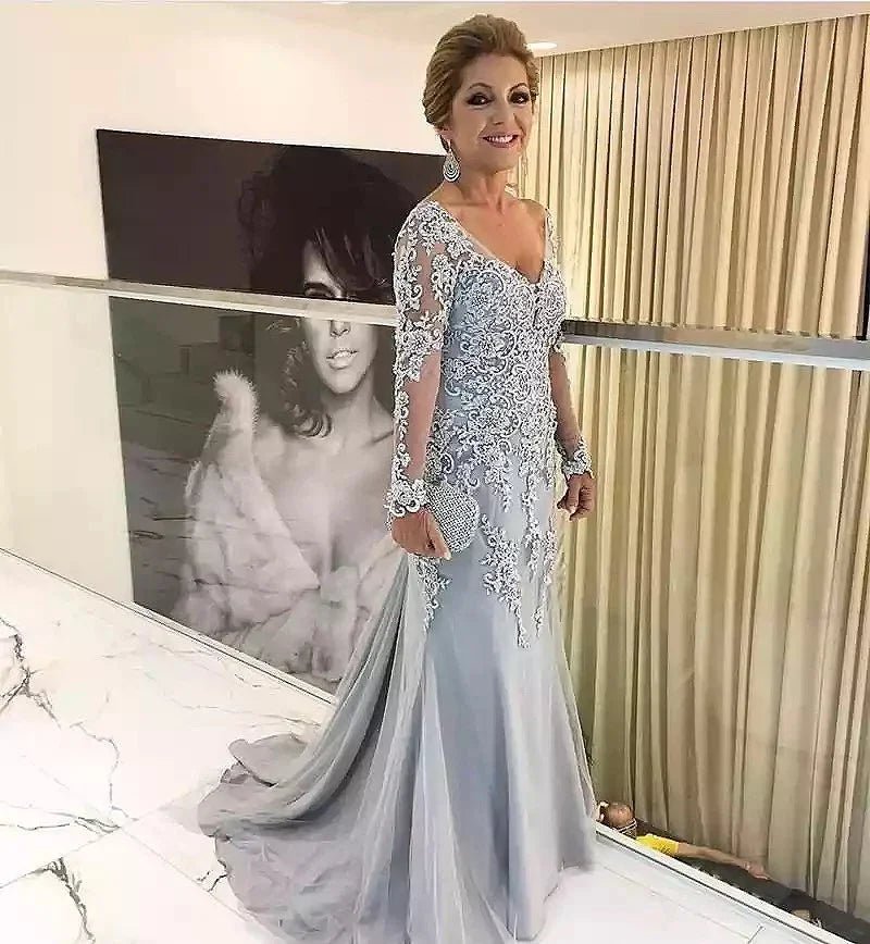 Beaded Lace Long-Sleeve Mermaid Mother of the Bride Gown - Luzilly Bridal & Apparel
