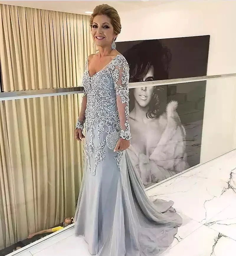 Beaded Lace Long-Sleeve Mermaid Mother of the Bride Gown - Luzilly Bridal & Apparel