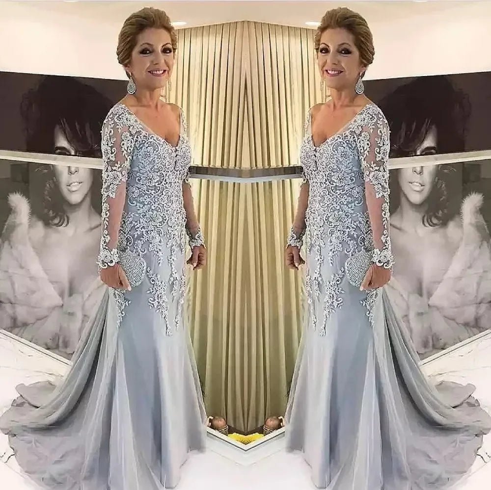 Beaded Lace Long-Sleeve Mermaid Mother of the Bride Gown - Luzilly Bridal & Apparel