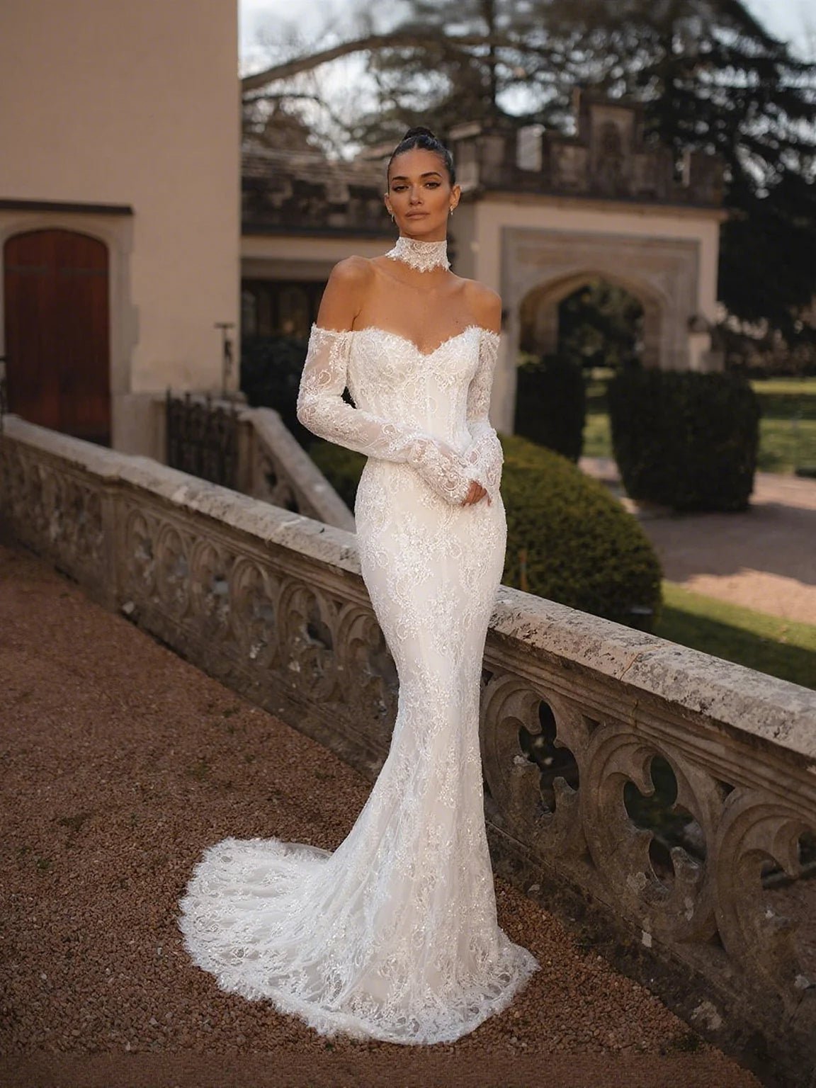 Beaded Lace Off-Shoulder Long-Sleeve Mermaid Wedding Dress - Luzilly Bridal & Apparel