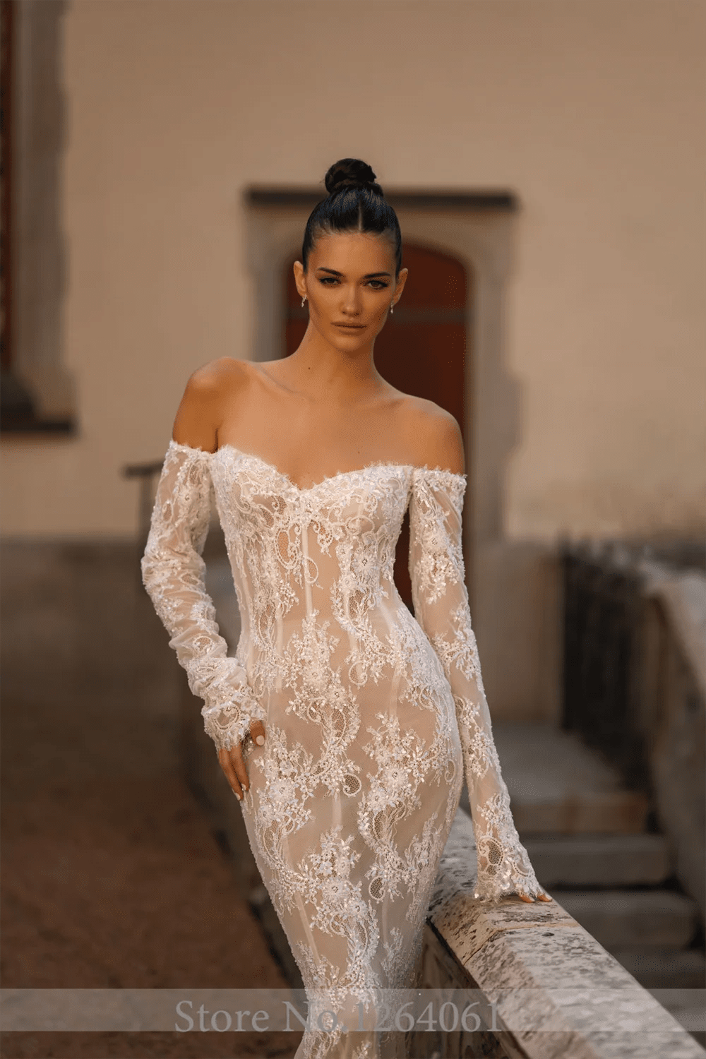 Beaded Lace Off-Shoulder Long-Sleeve Mermaid Wedding Dress - Luzilly Bridal & Apparel
