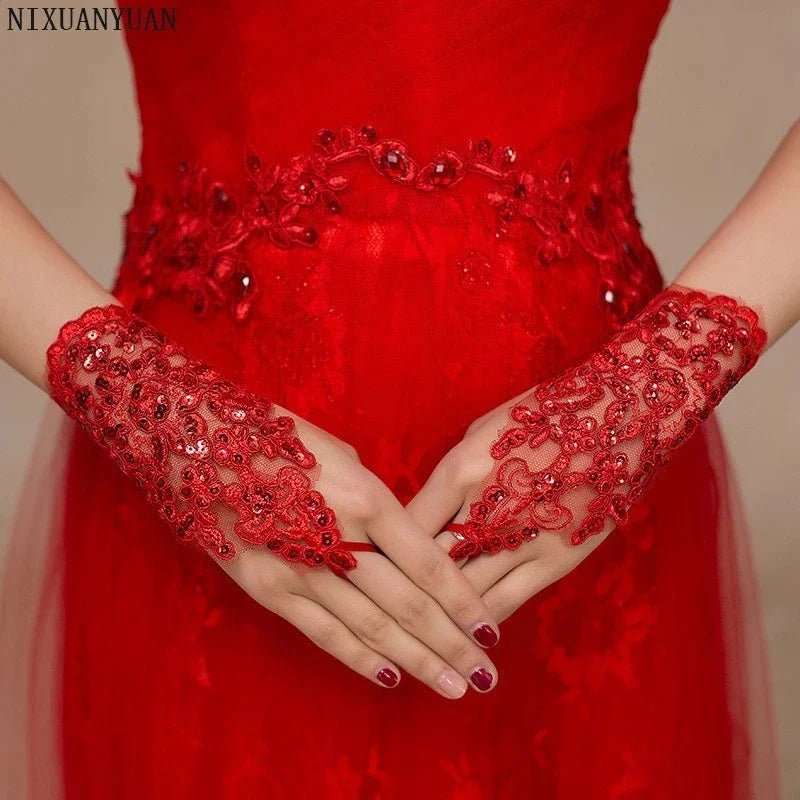 Beaded Lace Short Fingerless Bridal Gloves - Luzilly Bridal & Apparel