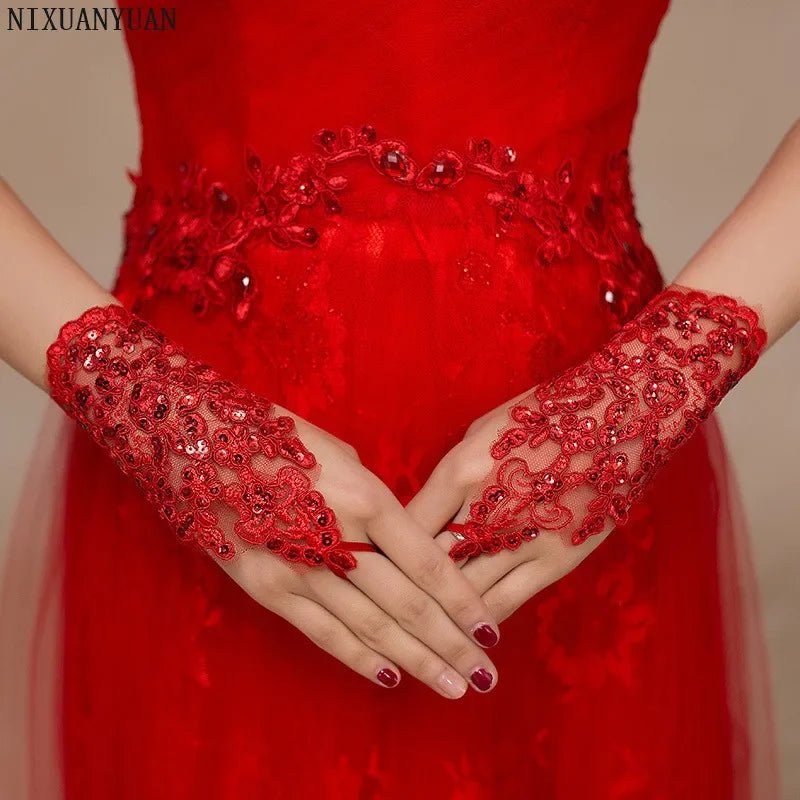 Beaded Lace Short Fingerless Bridal Gloves - Luzilly Bridal & Apparel