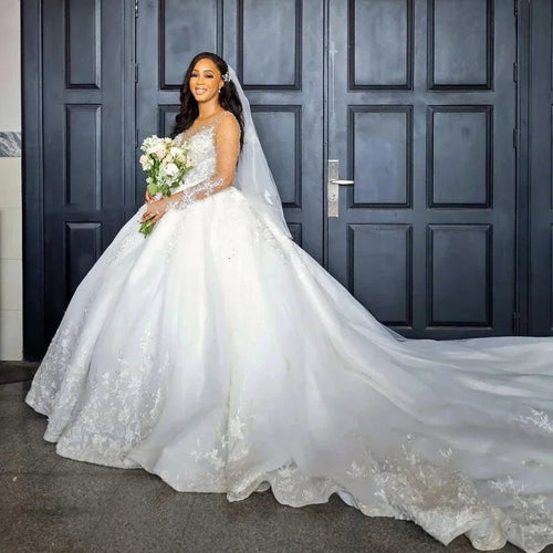 Beaded Long-Sleeve Ball Gown Wedding Dress with Sweep Train - Luzilly Bridal & Apparel
