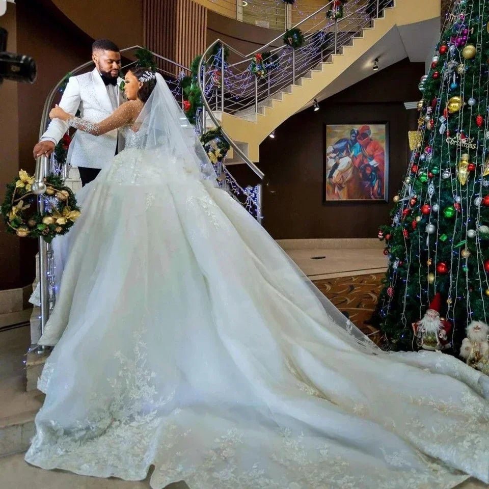 Beaded Long-Sleeve Ball Gown Wedding Dress with Sweep Train - Luzilly Bridal & Apparel
