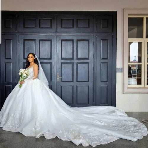 Beaded Long-Sleeve Ball Gown Wedding Dress with Sweep Train - Luzilly Bridal & Apparel