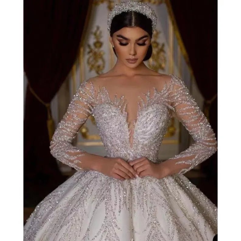 Beaded Long Sleeve Ball Gown Wedding Dress with Sweep Train - Luzilly Bridal & Apparel