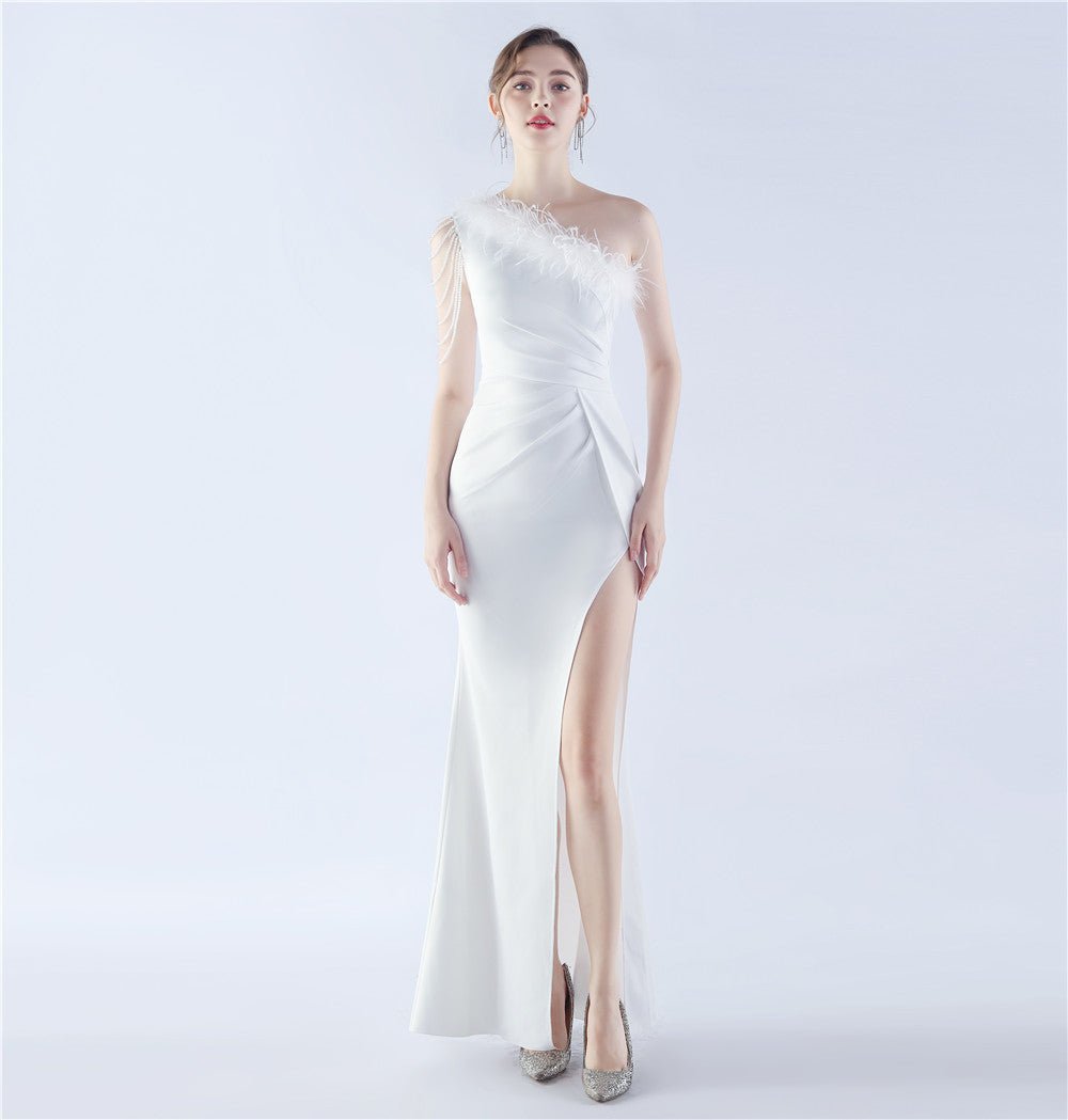 Beaded Ostrich Feather Evening Dress - Luzilly Bridal & Apparel