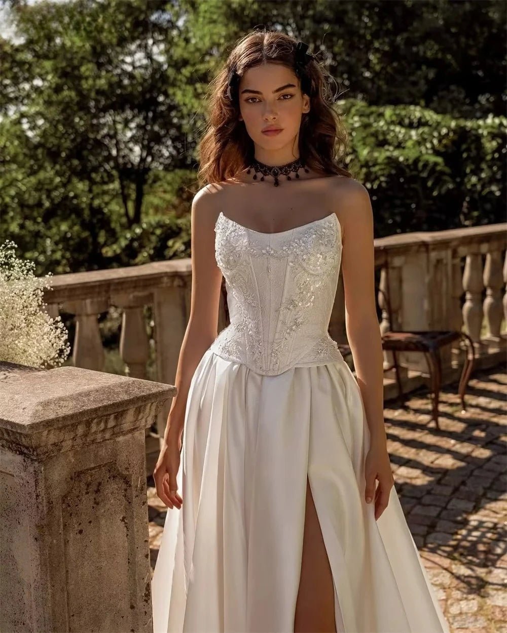 Beaded Satin A-Line Wedding Dress with Side Slit - Luzilly Bridal & Apparel