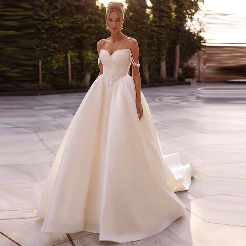 Beaded Satin Ball Gown Wedding Dress - Luzilly Bridal & Apparel