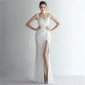 Beaded Satin Split Fishtail Gown - Luzilly Bridal & Apparel