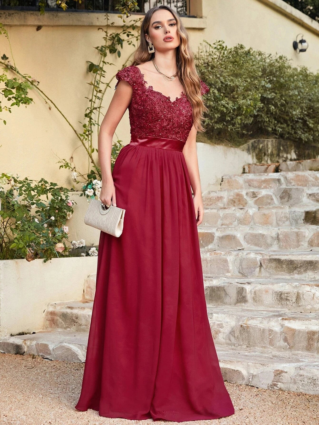 Beaded Sequin Lace Chiffon V-Neck A-Line Bridesmaid Dress - Luzilly Bridal & Apparel