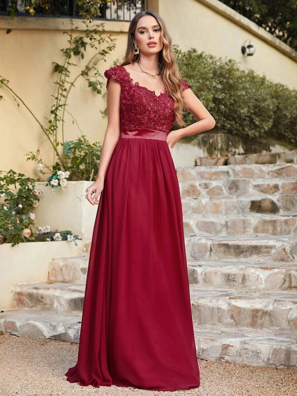 Beaded Sequin Lace Chiffon V-Neck A-Line Bridesmaid Dress - Luzilly Bridal & Apparel