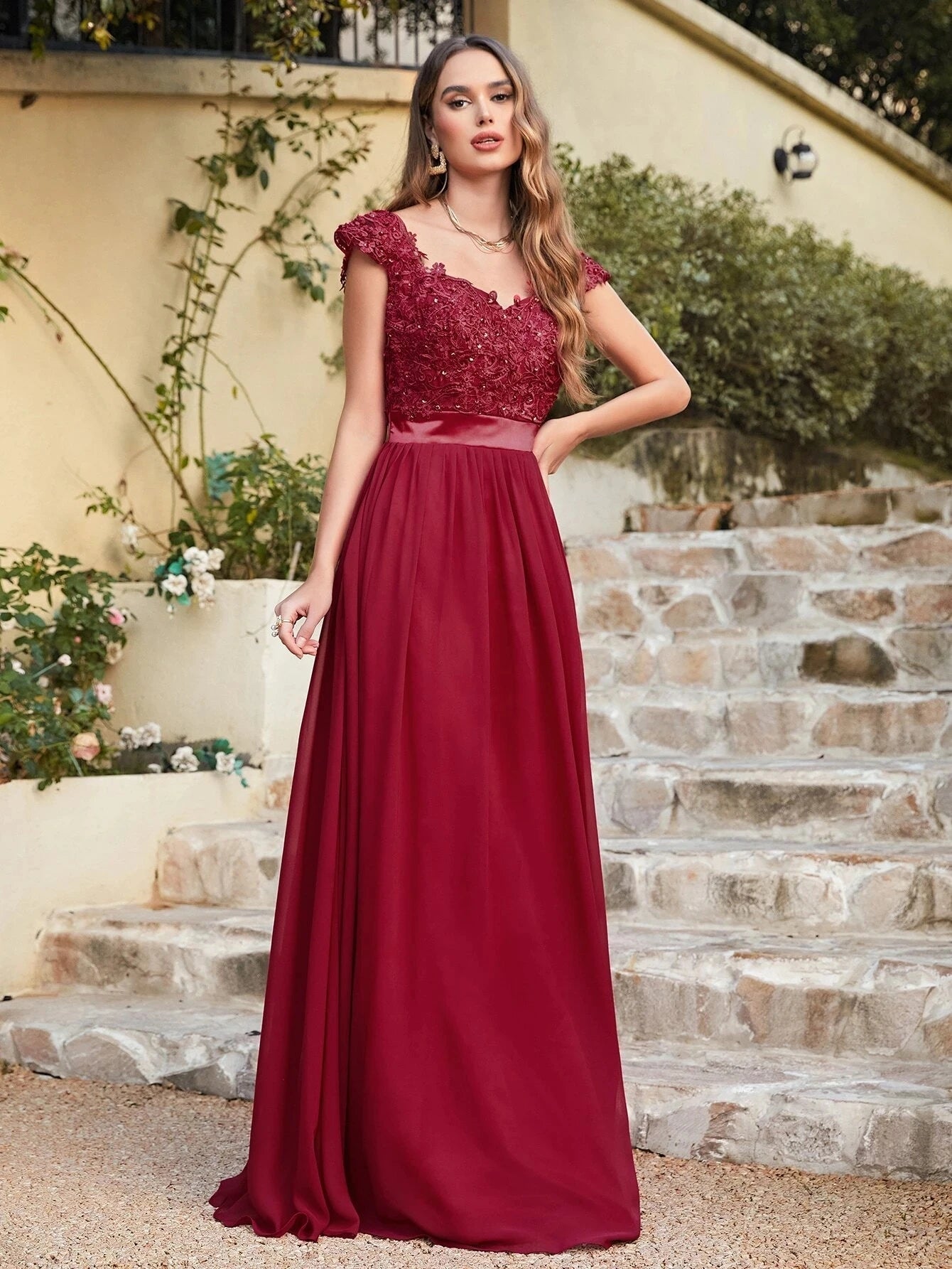 Beaded Sequin Lace Chiffon V-Neck A-Line Bridesmaid Dress - Luzilly Bridal & Apparel