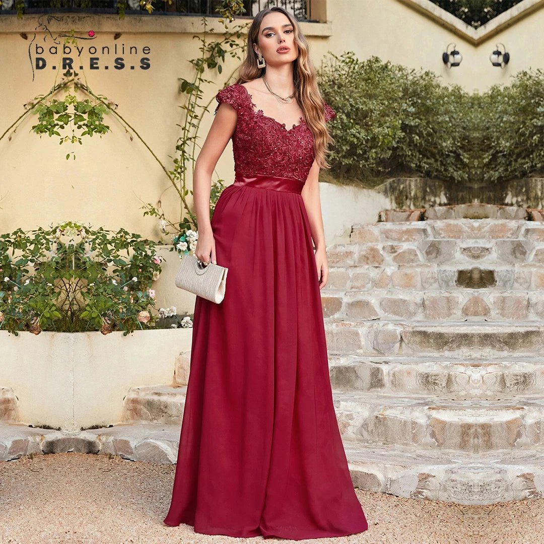 Beaded Sequin Lace Chiffon V-Neck A-Line Bridesmaid Dress - Luzilly Bridal & Apparel