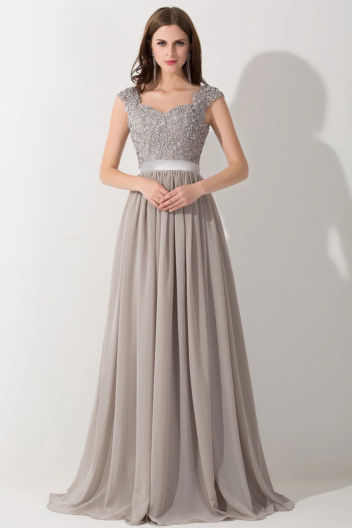 Beaded Sequin Lace Chiffon V-Neck A-Line Bridesmaid Dress - Luzilly Bridal & Apparel