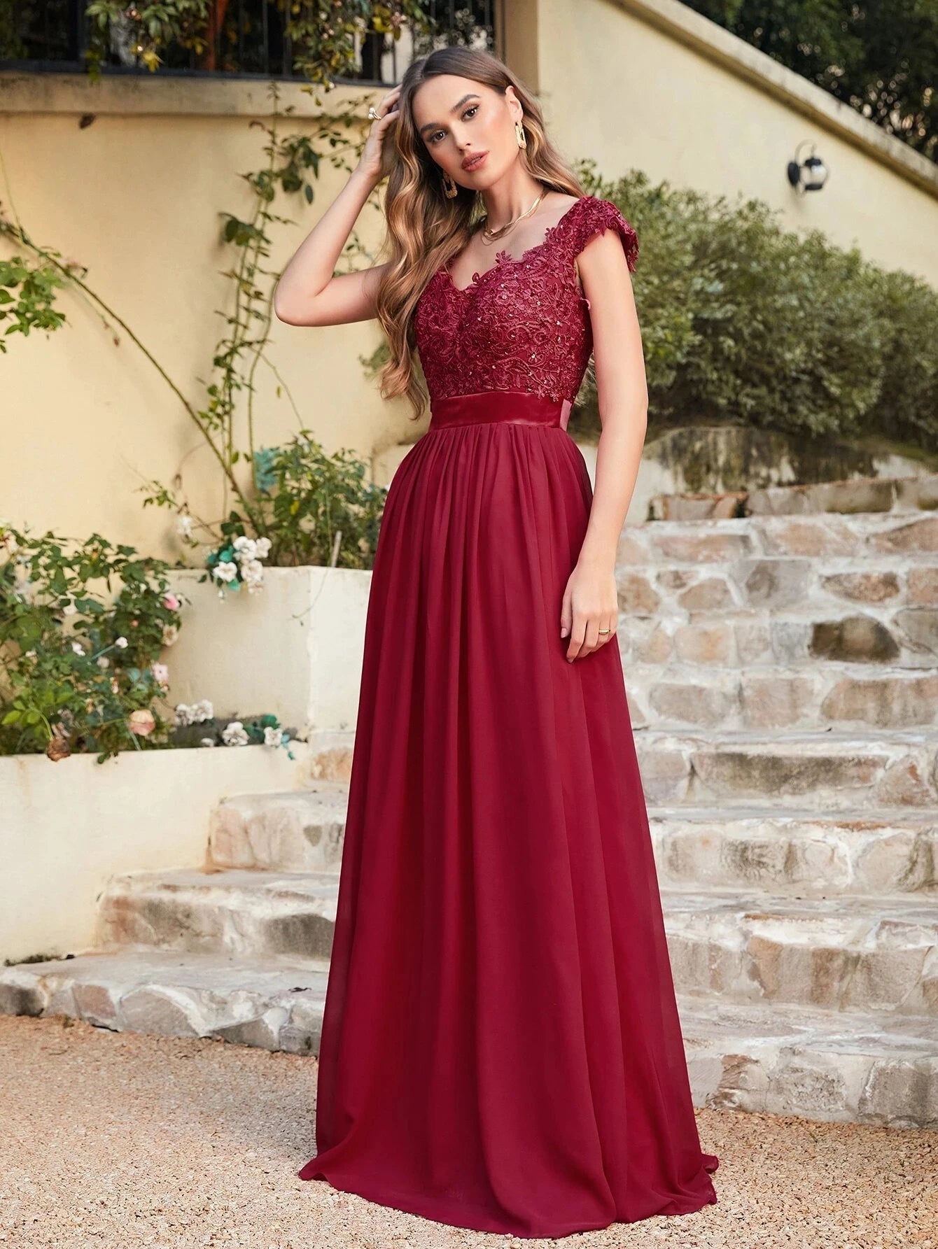 Beaded Sequin Lace Chiffon V-Neck A-Line Bridesmaid Dress - Luzilly Bridal & Apparel