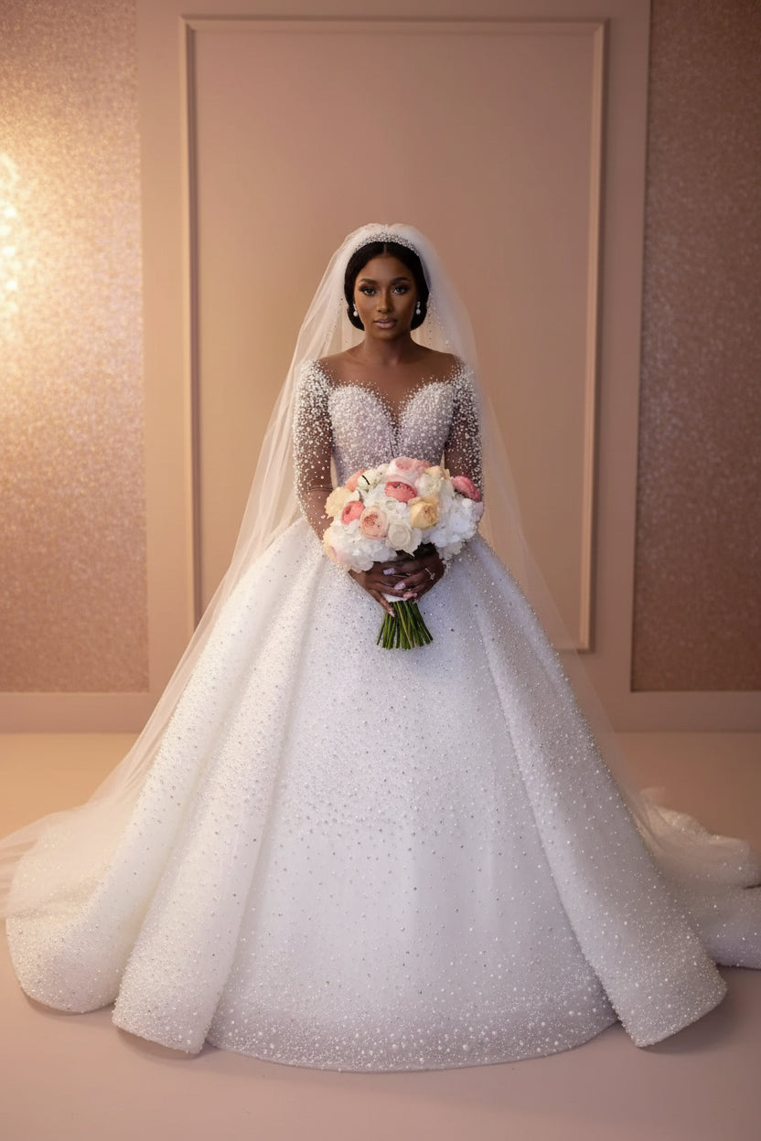 Beaded White Ball Gown Wedding Dress Long Sleeves - Luzilly Bridal & Apparel