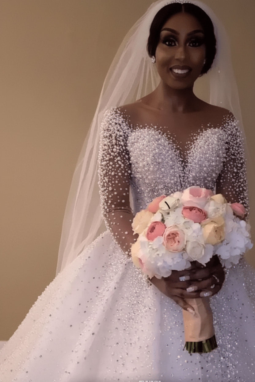 Beaded White Ball Gown Wedding Dress Long Sleeves - Luzilly Bridal & Apparel