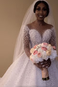 Beaded White Ball Gown Wedding Dress Long Sleeves - Luzilly Bridal & Apparel