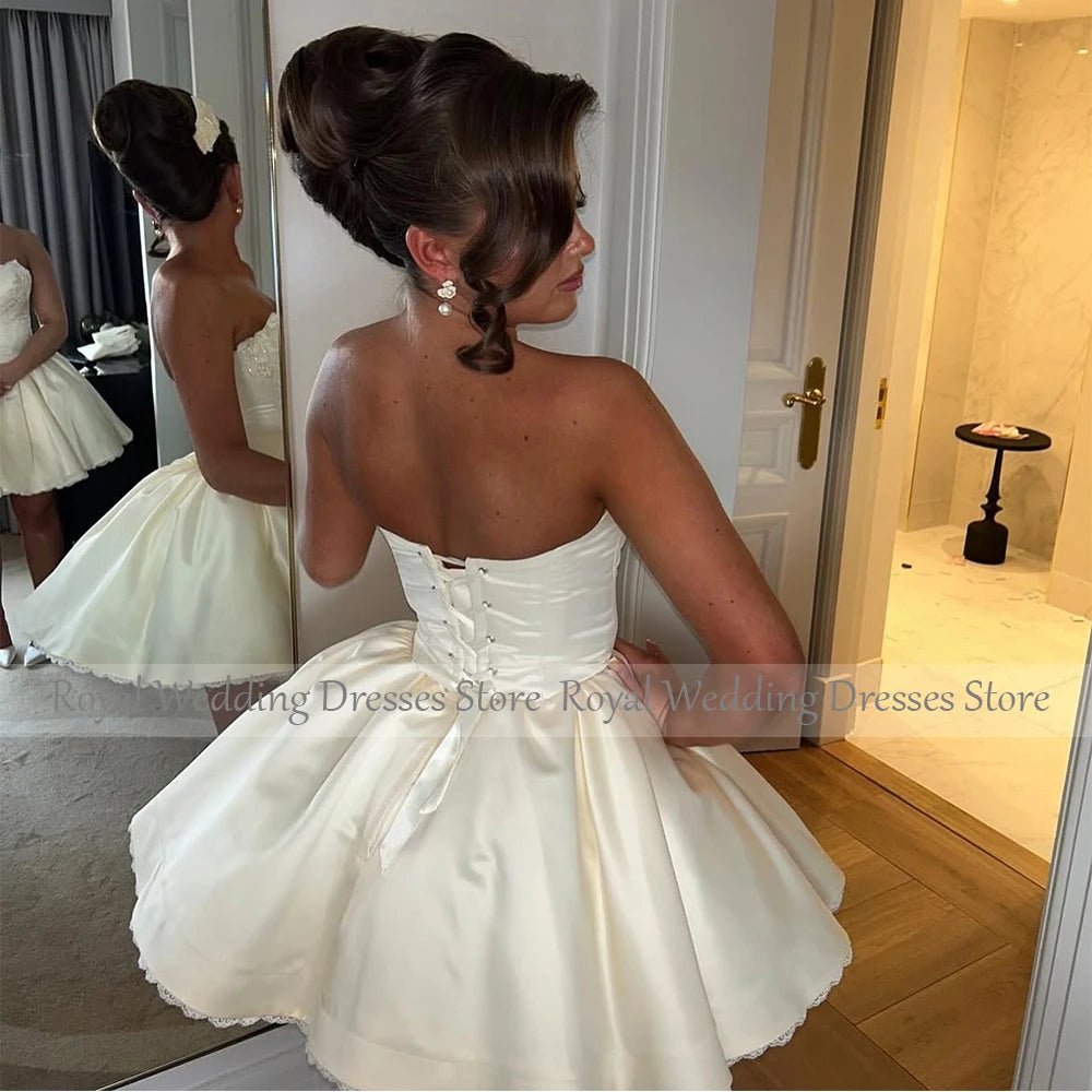 Beige Wedding Dress Puffy Ball Gown Beading Applique Lace V Neck Short Wedding Gowns for Women Lace Up Ruched Corset Bridal Gown - Luzilly Bridal & Apparel