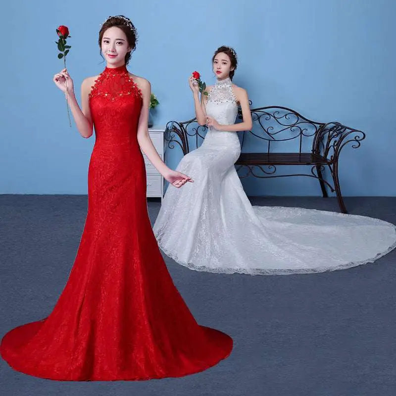Red Lace Mermaid Wedding Dress with High Neck