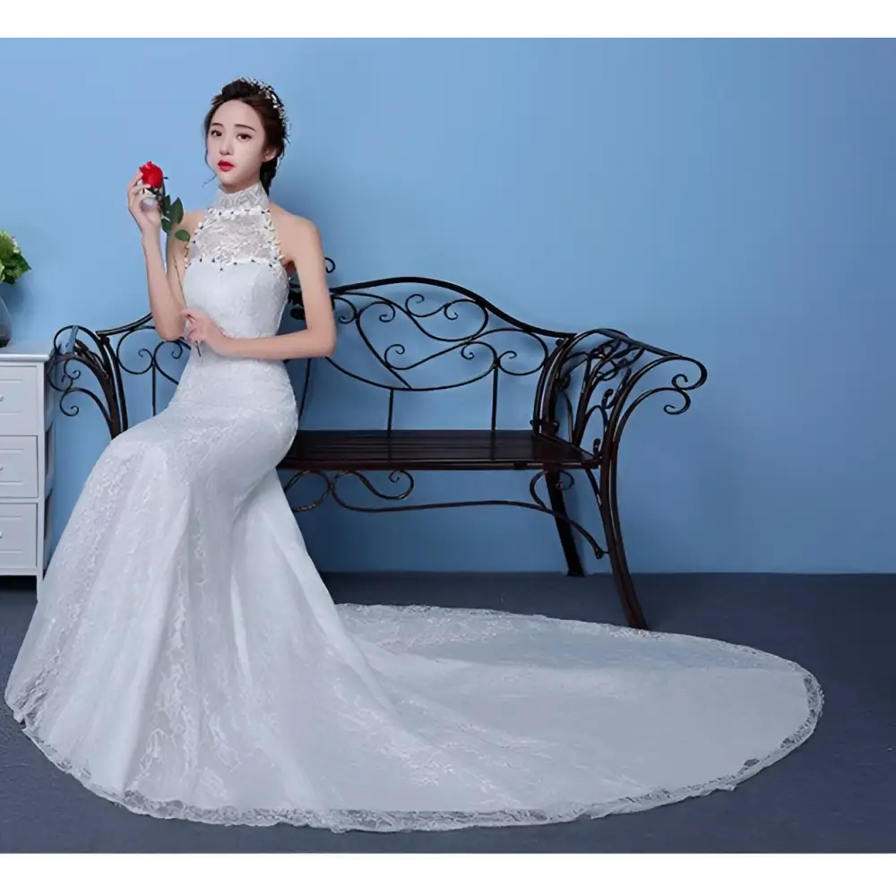 Red Lace Mermaid Wedding Dress with High Neck