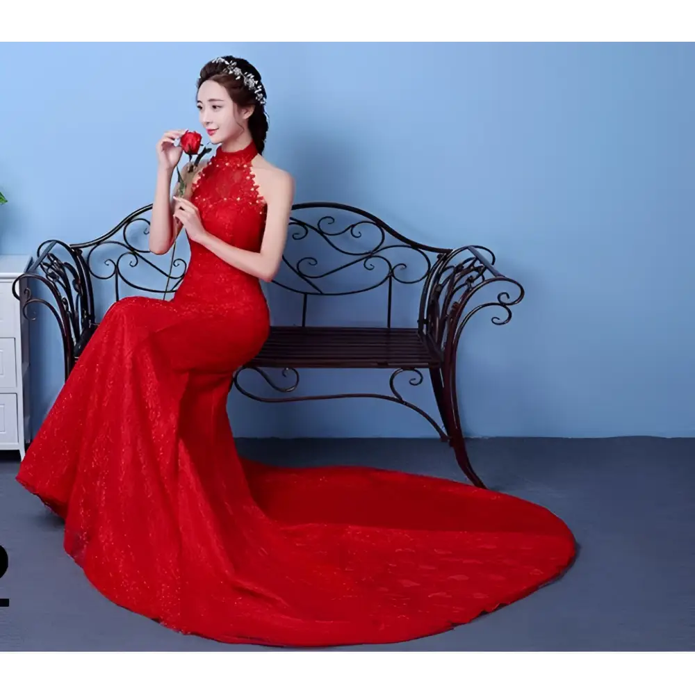 Red Lace Mermaid Wedding Dress with High Neck