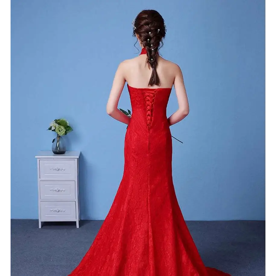 Red Lace Mermaid Wedding Dress with High Neck