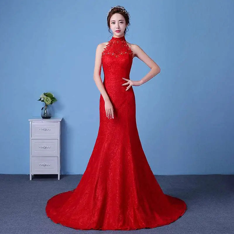 Red Lace Mermaid Wedding Dress with High Neck