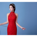 Red Lace Mermaid Wedding Dress with High Neck