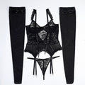Big Stockings Black Mysterious Lace Hollow Out Cutout Lace Strap Slimming Sexy Goddess Sexy Lingerie Four Piece Set - Luzilly Bridal & Apparel