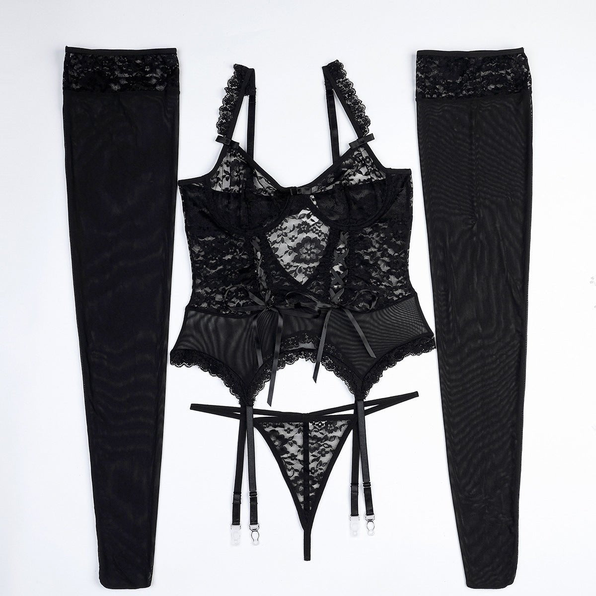 Big Stockings Black Mysterious Lace Hollow Out Cutout Lace Strap Slimming Sexy Goddess Sexy Lingerie Four Piece Set - Luzilly Bridal & Apparel